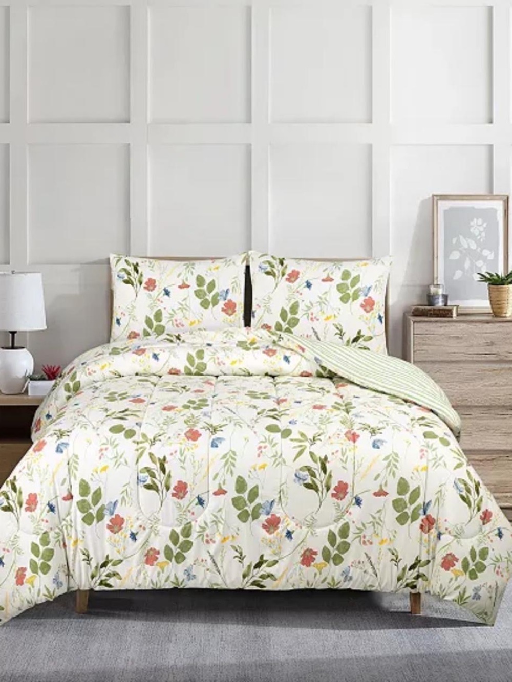 Macy's Cream Floral Printed Comforter Set with Green Accents